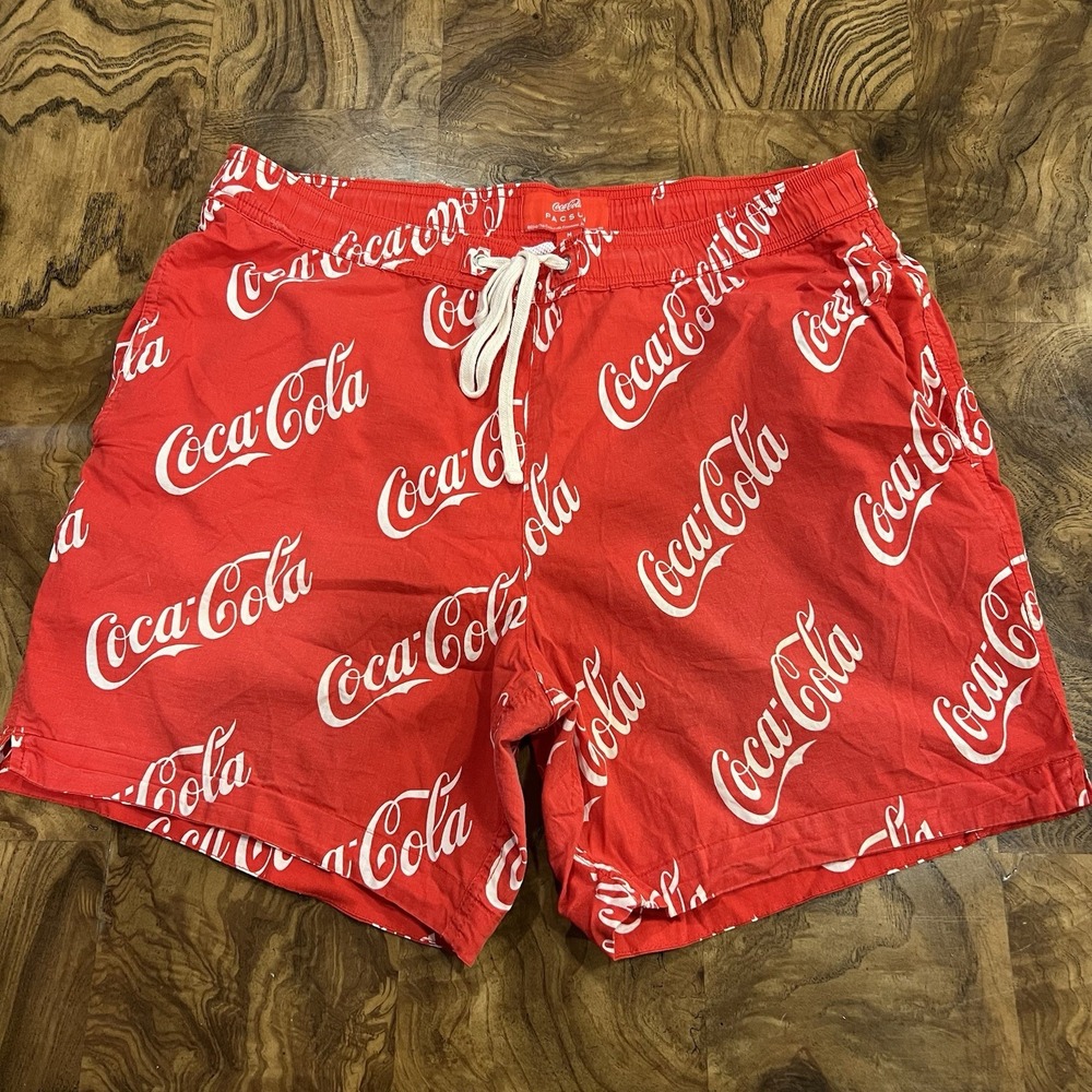 PacSun Coca-Cola Swim Trunks Men Medium Red Good All Over Logo Print Shorts